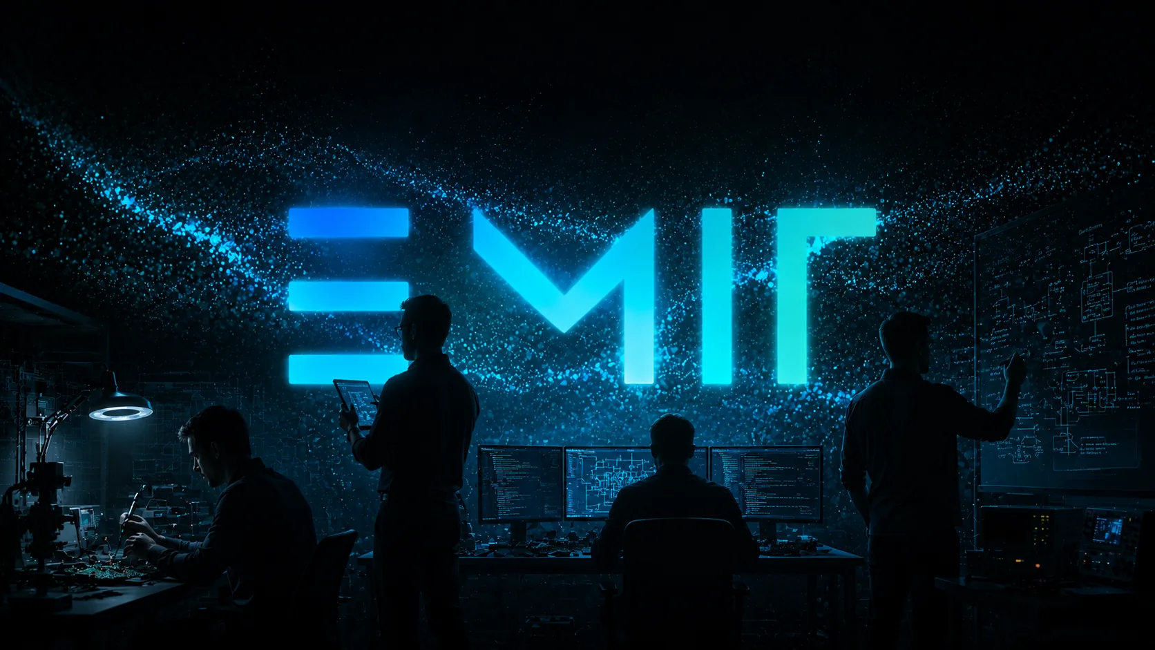 Silhouetten des EMIT-Teams vor dem EMIT-Logo